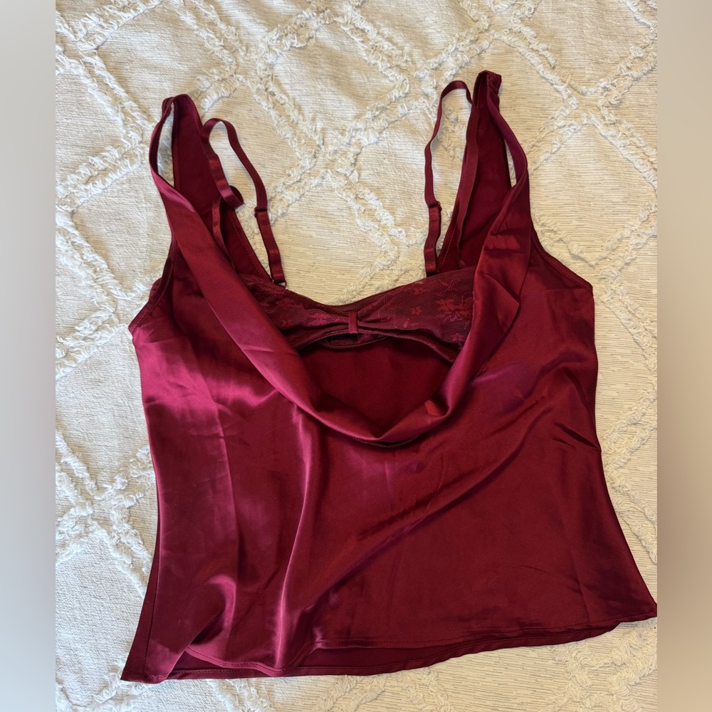 Lioness Satin Cowl Neck Tank Top in Burgundy
